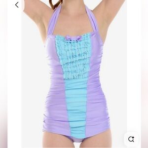 Fables By Barrie Rococo Marie Antoinette Ruffled Purple Blue Retro Swimsuit